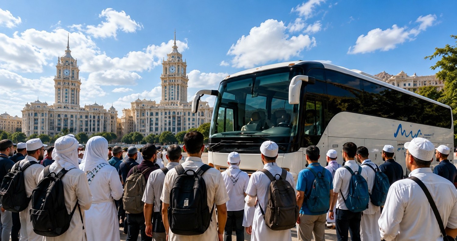 A pilgrimage group preparing to board a tour bus